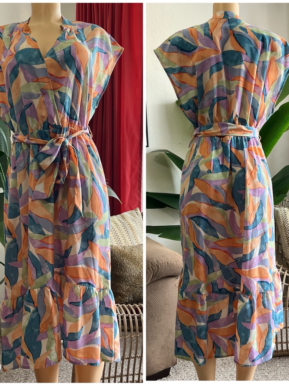Summer Tie-Waist Midi Dress in Multi-Color Abstract Print